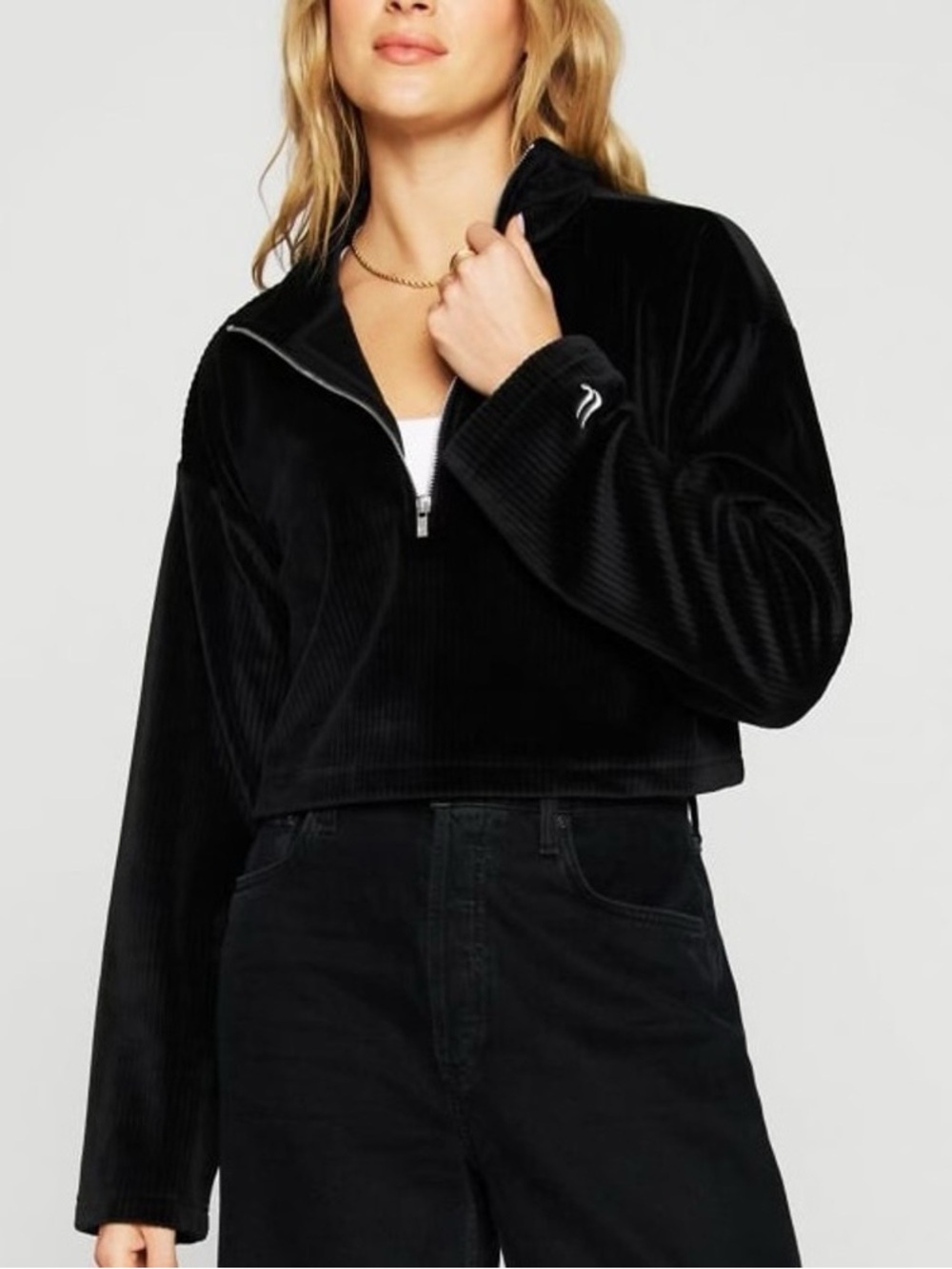 Fabletics Size XS Black Plush Ribbed Quarter Zip Cropped Pullover Sweater NWT